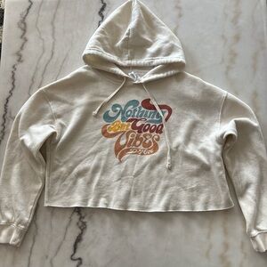 D-Nice Nothing But Good Vibes Hoodie Womens Medium Cream Raw Hem Cropped Graphic